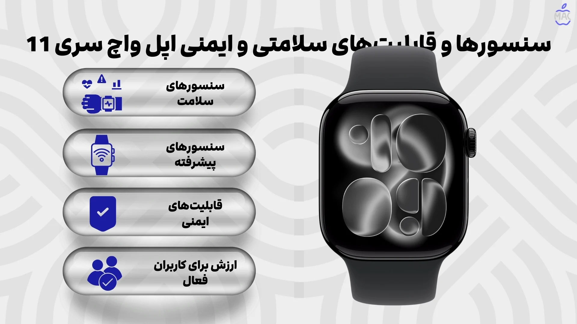 Apple Watch Series 11 46mm jet Black Aluminum Case with Black Sport Band – MacIran (1) سنسورها و قابلیتهای سلامتی و ایمنی