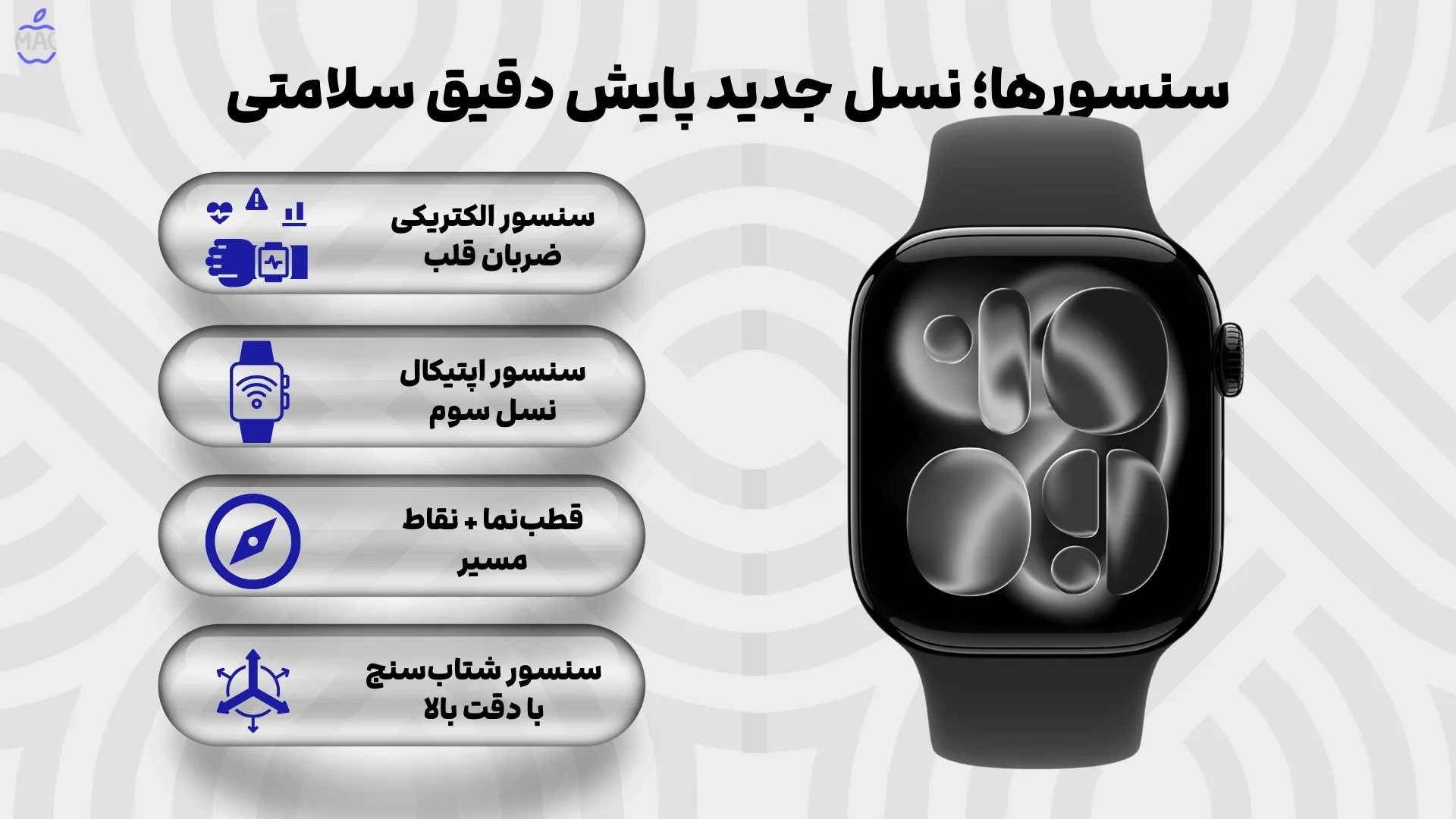 Apple Watch Series 11 42mm jet Black Aluminum Case with Black Sport Band – MacIran (1) سنسورها؛ نسل جدید پایش دقیق سلامتی