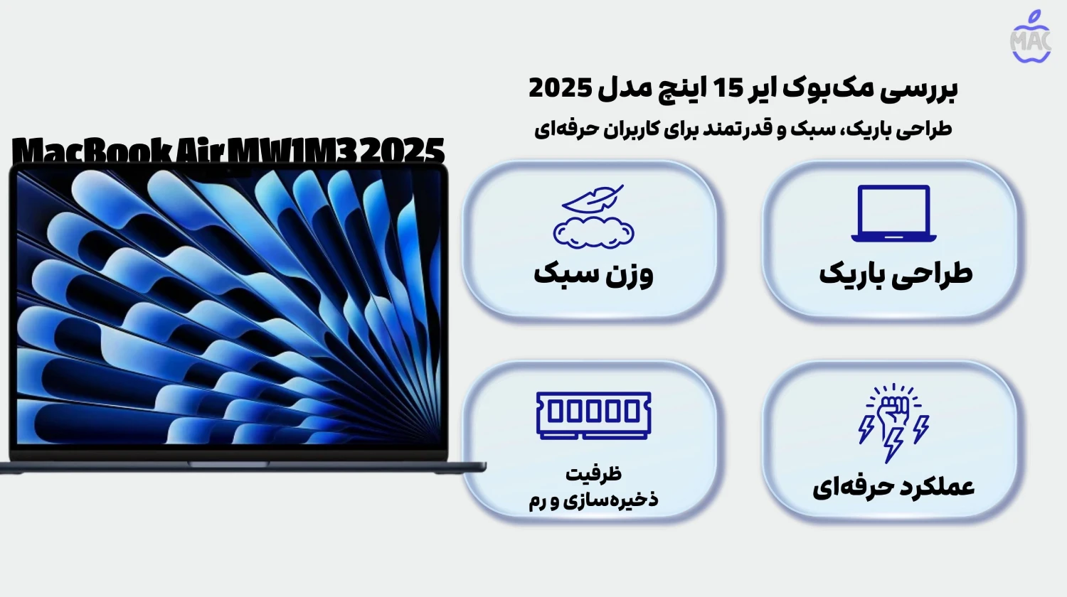 MacBook Air MW1M3 2025 – MacIran بررسی مکبوک ایر 15 اینچ مدل 2025 – ظرفیت 512 گیگابایت / رم 16 گیگابایت – کد MW1M3